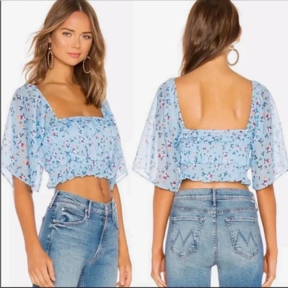 Tularosa Rosie Top Cropped Blouse Carolina Blue Floral Coastal Tropical size L - Picture 1 of 11